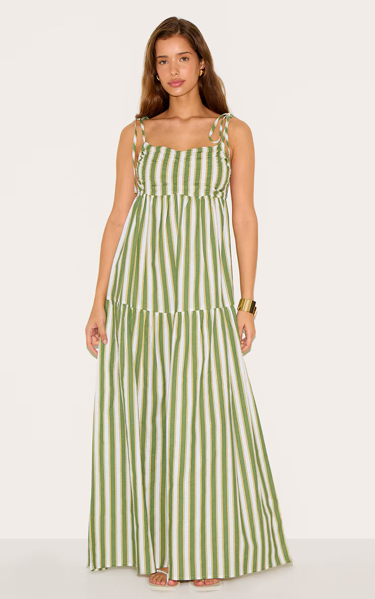 Green Striped Strappy Low Back Maxi Dress