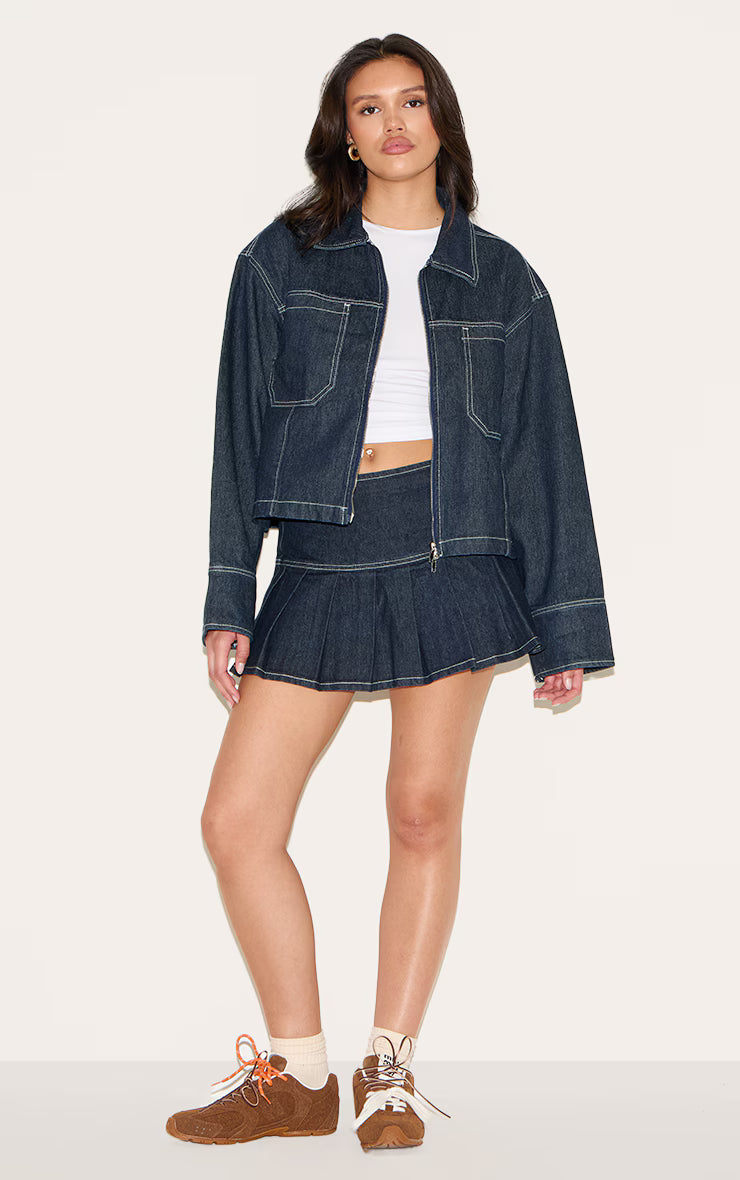 Dark Indigo Contrast Stitch Pleated Denim Mini Skirt