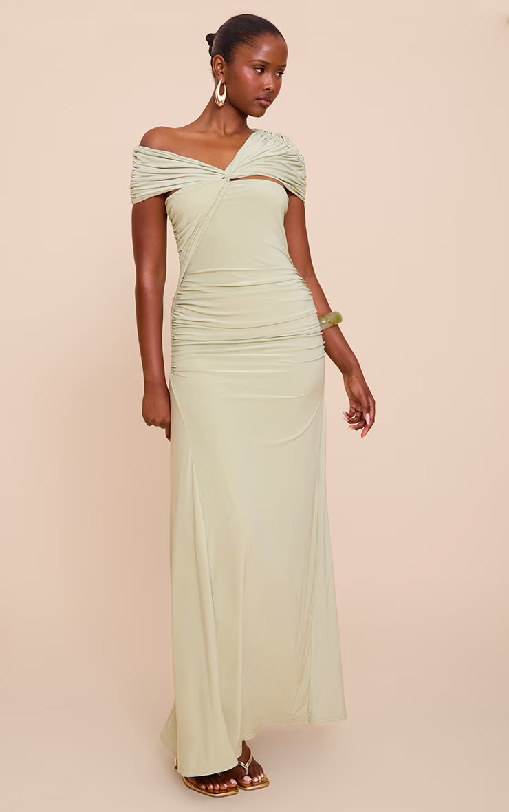 Sage Double Layer Slinky Asymmetric Ruched Maxi Dress