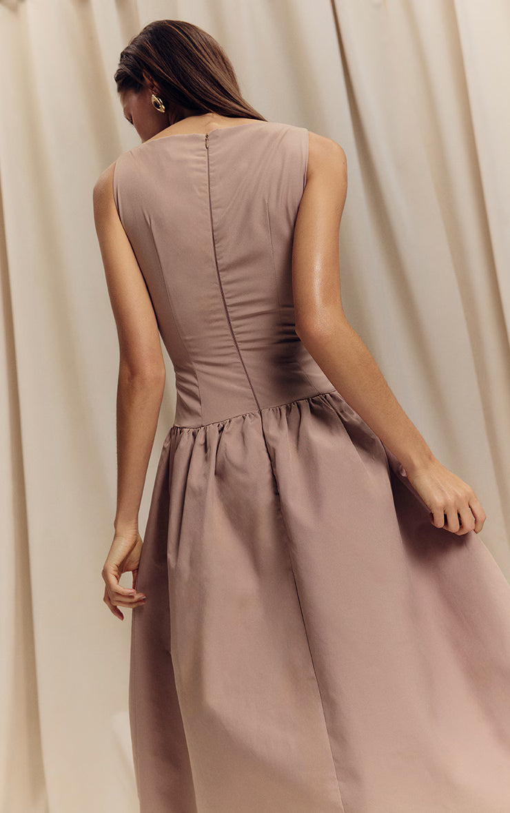 Taupe Dropped Waist Midaxi Dress