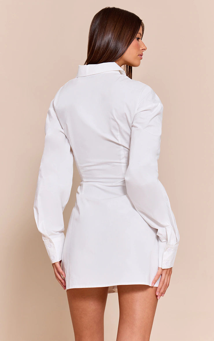 White Asymmetric Button Down Long Sleeve Shirt Dress