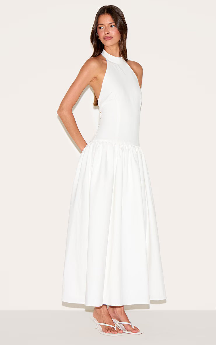 White Tailored High Neck Midaxi Dress