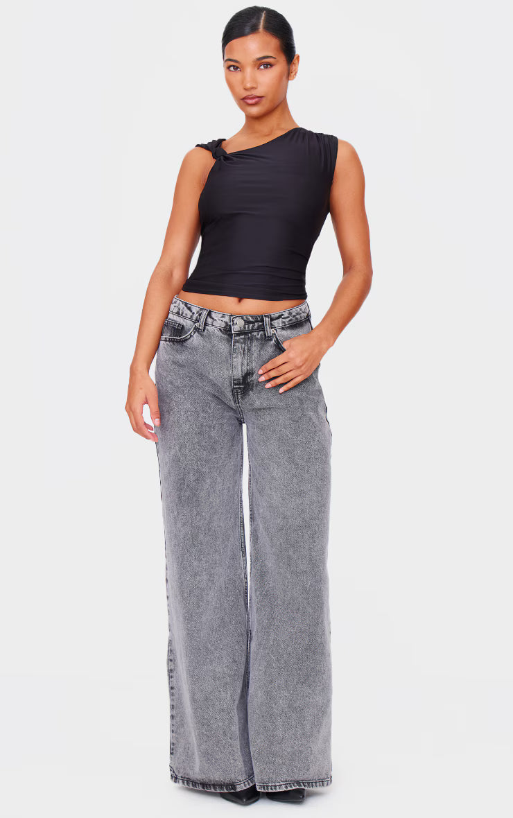 Black Slinky Knot Strap Detail Long Top