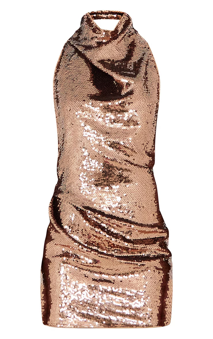 Bronze Sequin High Neck Backless Bodycon Dress