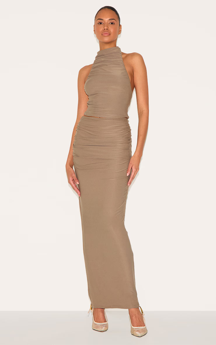 Mushroom Soft Touch Ruched Maxi Skirt