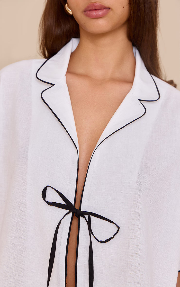 Cream Linen Look Contrast Oversized Tie Shirt