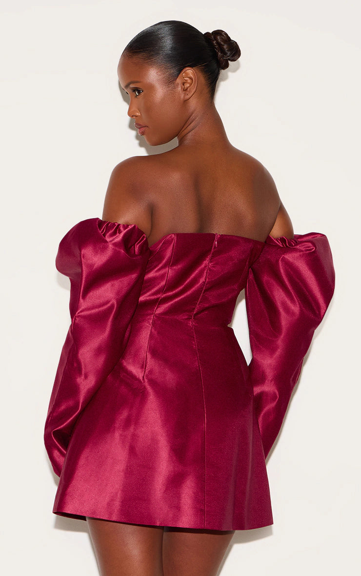 Wine Oversized Puff Sleeve A Line Shift Dress