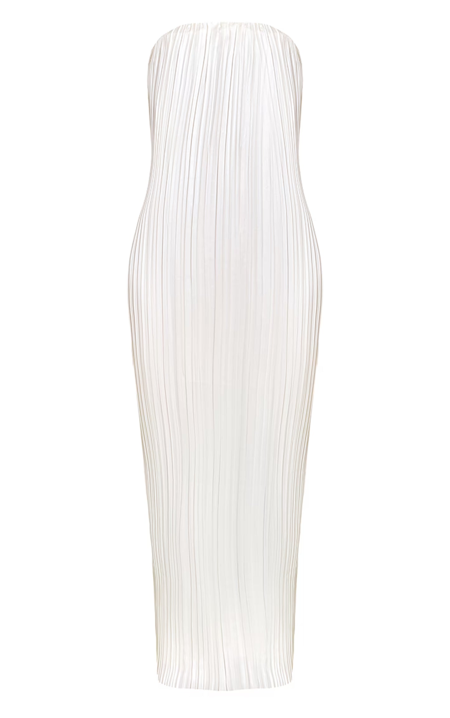 PLT Label Ivory Plisse Satin Column Bandeau Maxi Dress