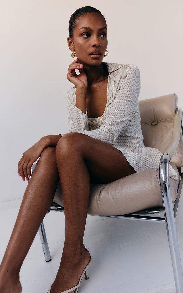 Cream Pinstripe Seersucker Ruched Bralet Detail Shirt