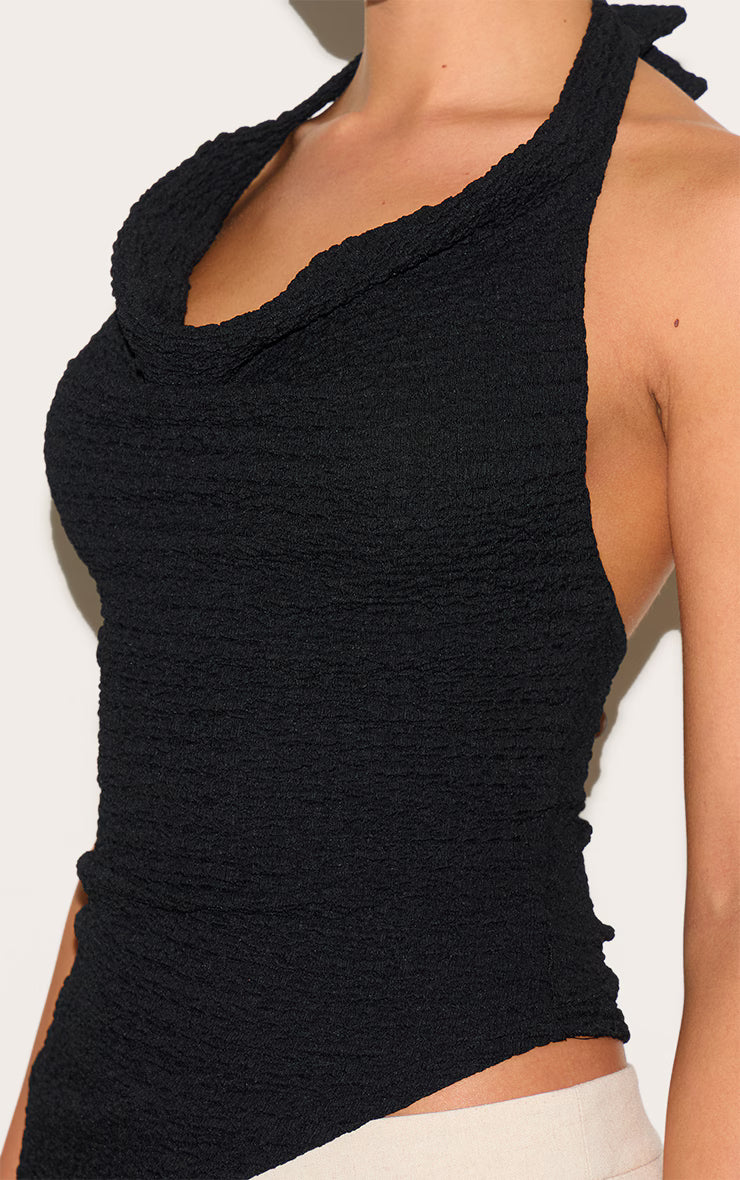 Black Textured Cowl Neck Asymmetric Hem Long Top