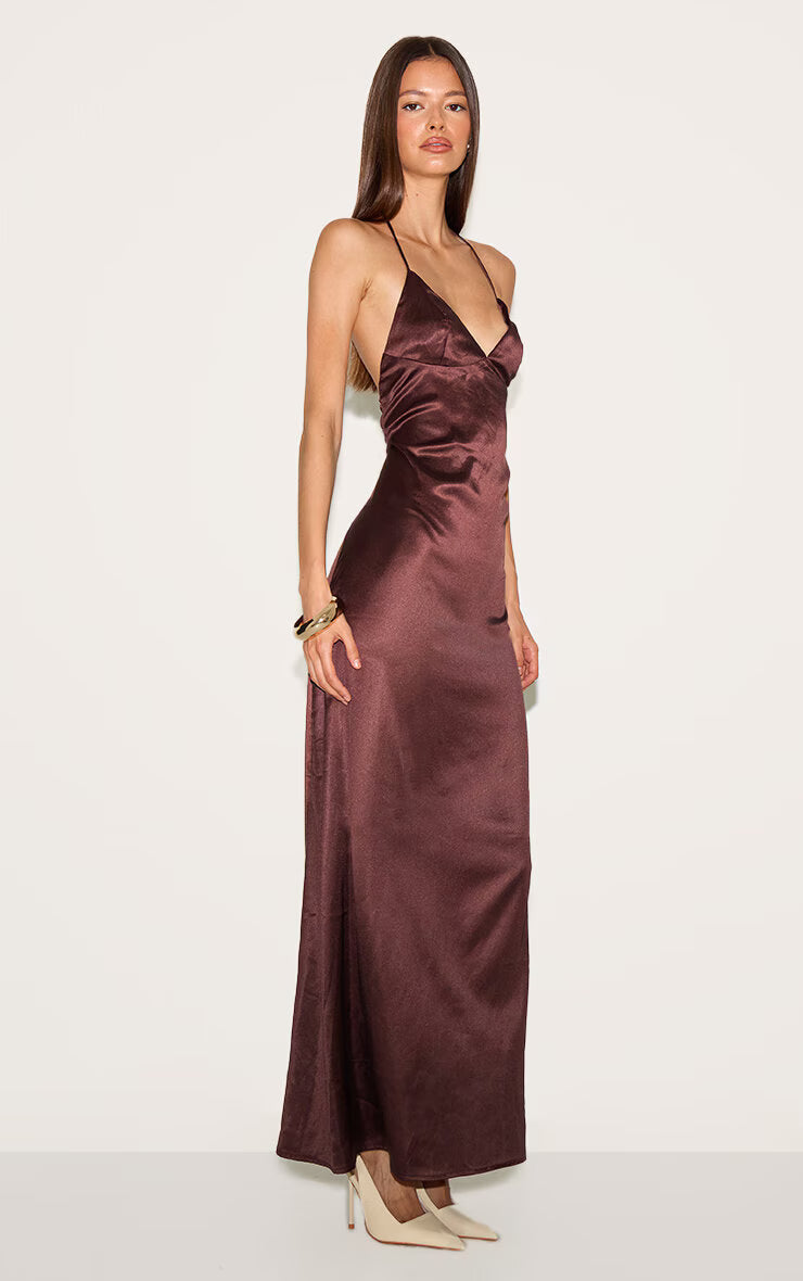 Chocolate Satin Lace Up Back Maxi Slip Dress