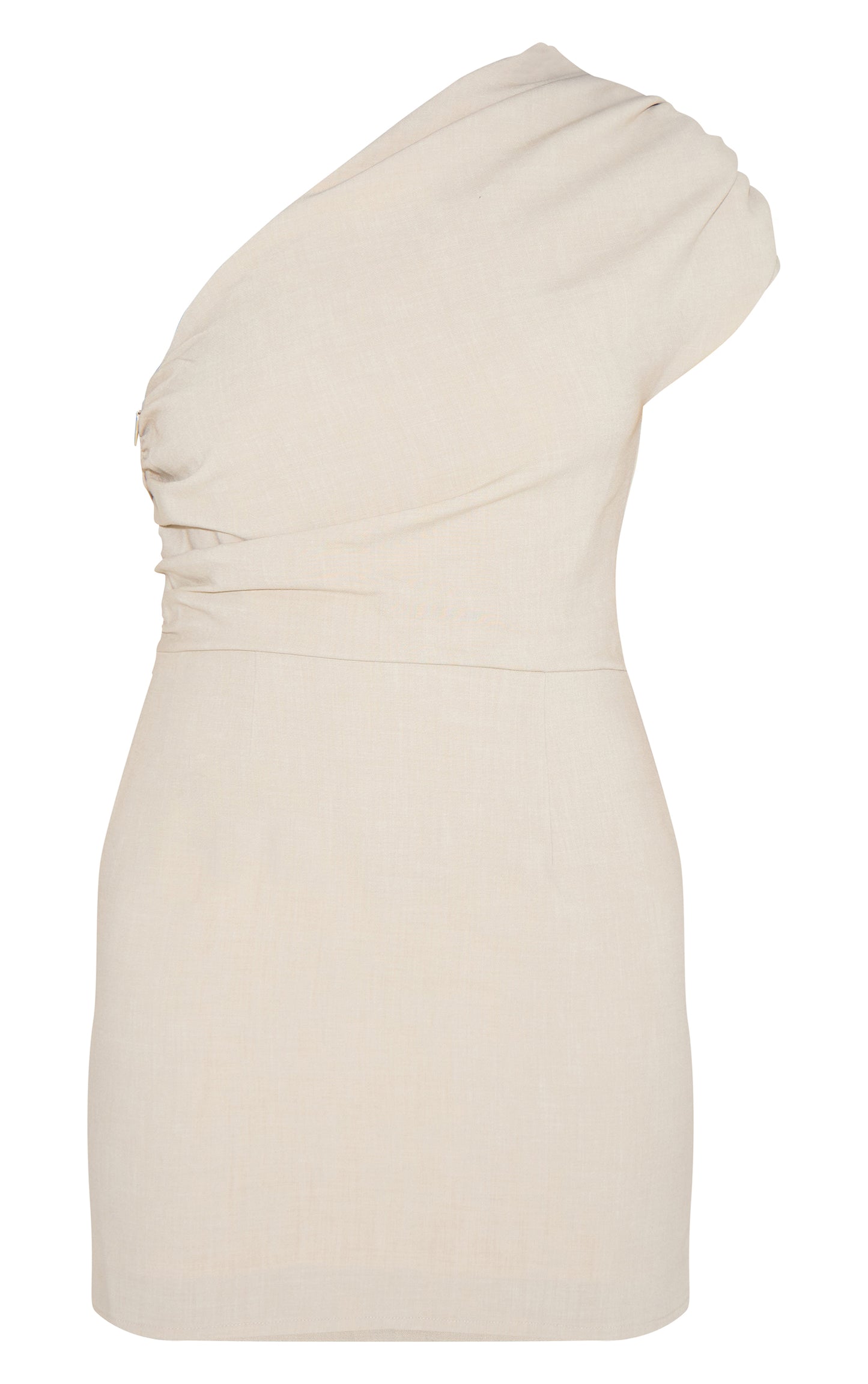 Sand Woven Ruched One Shoulder Mini Dress