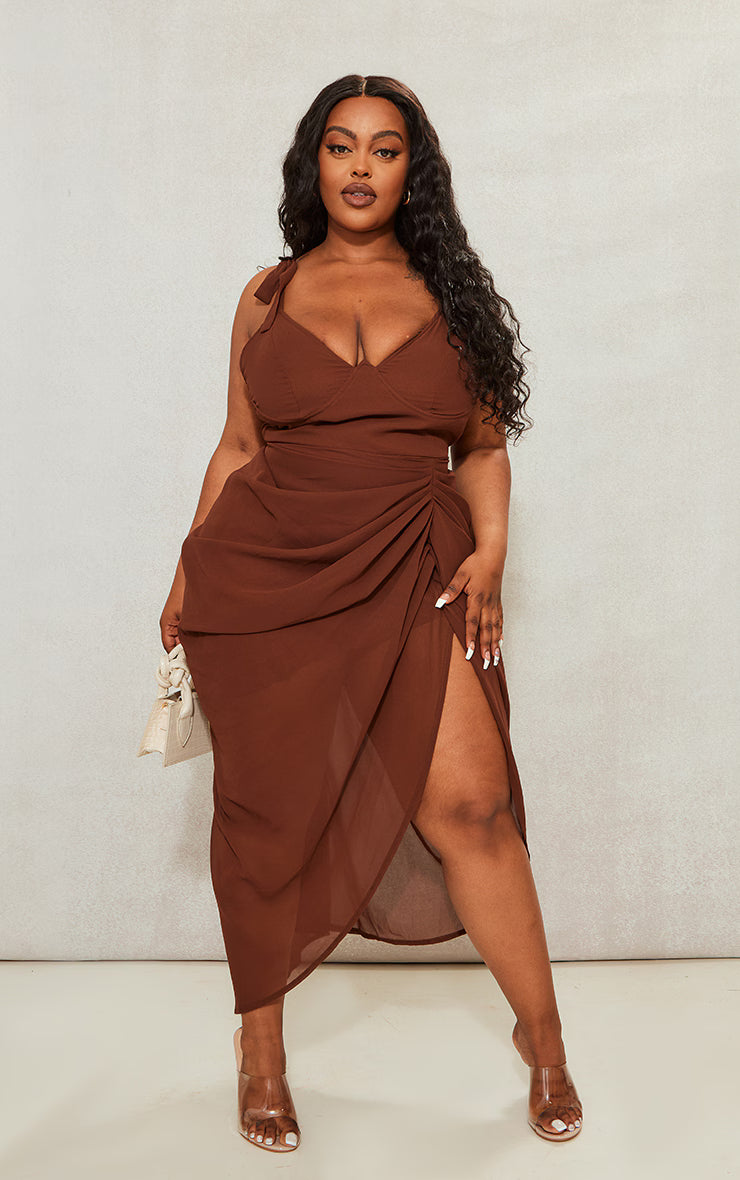 Plus Chocolate Underwire Detail Draped Midi Dress