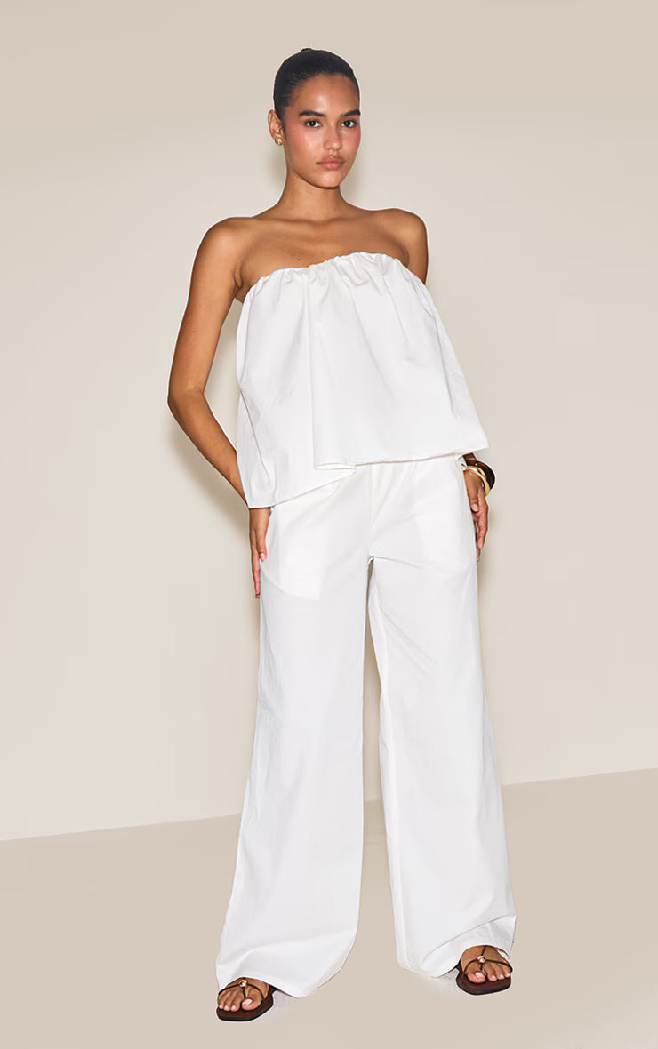 Cream Cotton Woven Ruched Floaty Bandeau Top