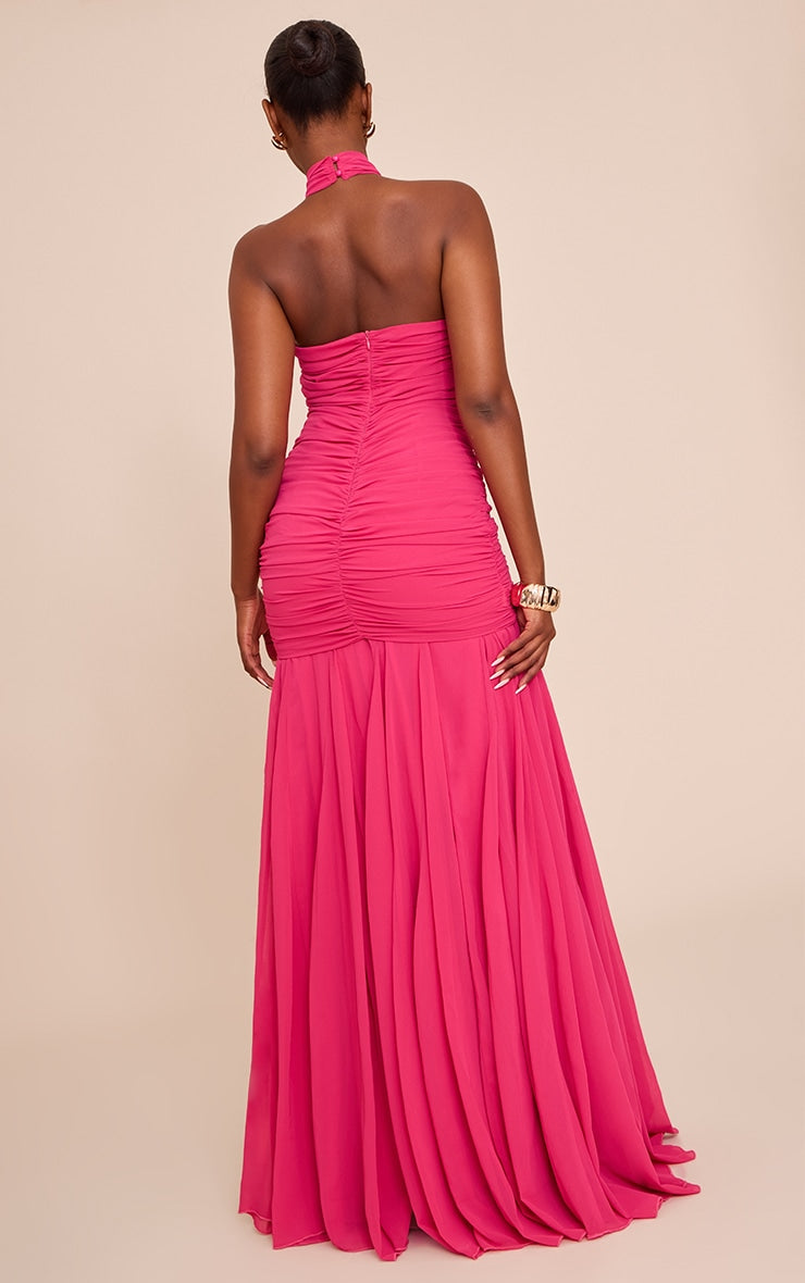 Fuschia Chiffon Halterneck Ruched Dropped Waist Maxi Dress