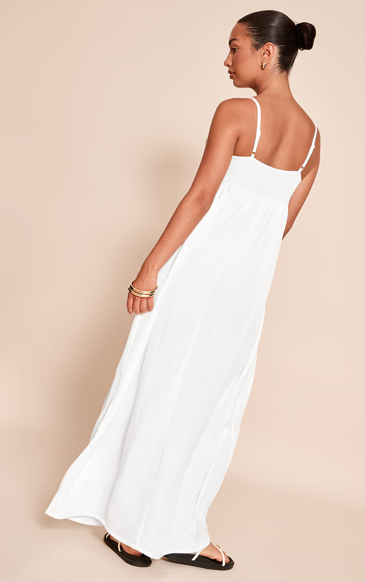 White Textured Strappy Scoop Neck Sleeveless Maxi Dress