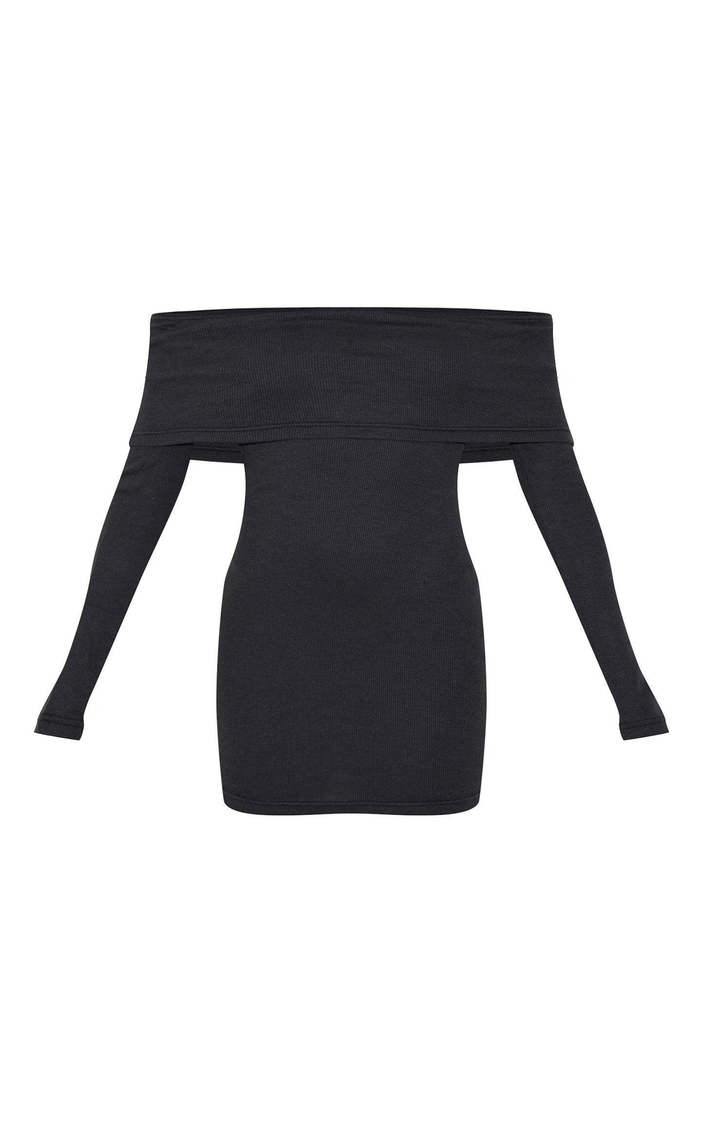 Black Rib Foldover Bardot Bodycon Dress