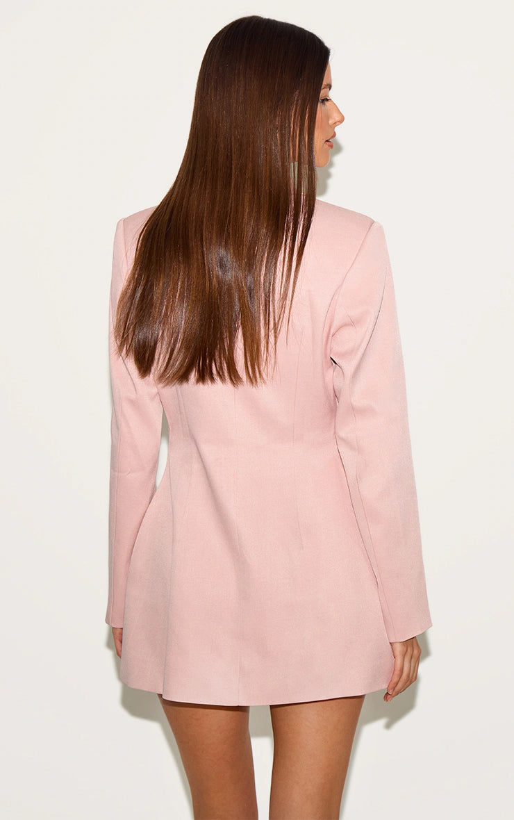 Baby Pink Woven Cinched Waist Blazer Dress