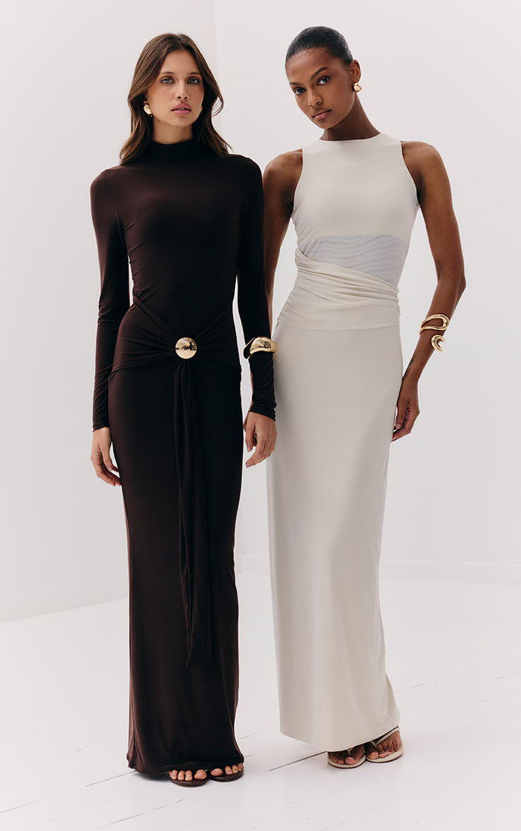 Almond Slinky Mesh Cut Out Maxi Dress