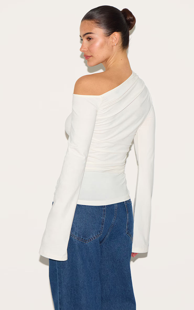 Cream Asymmetric Ruched Flared Sleeve Long Top