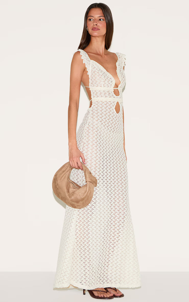 Natural Textured Frill Strap Maxi Dress