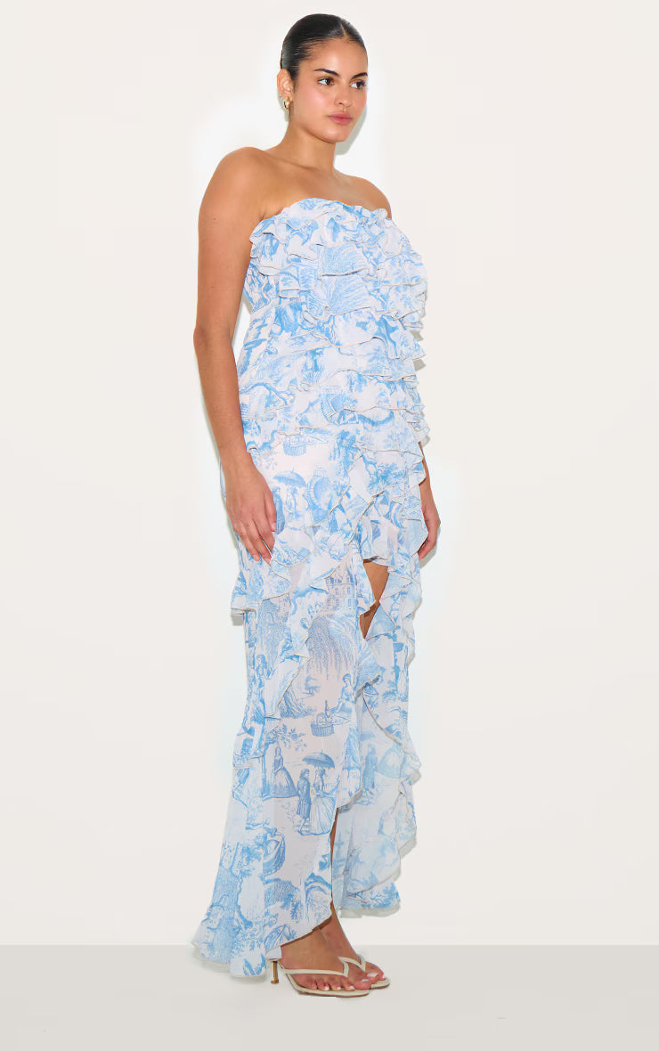 Plus Blue Printed Ruffled Bandeau Maxi Dress