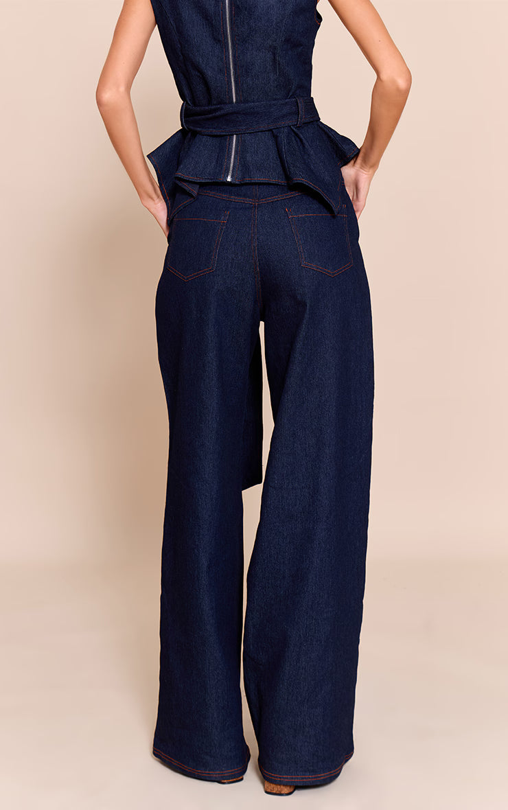 Indigo Blue Chambray Denim Wide Leg Pants