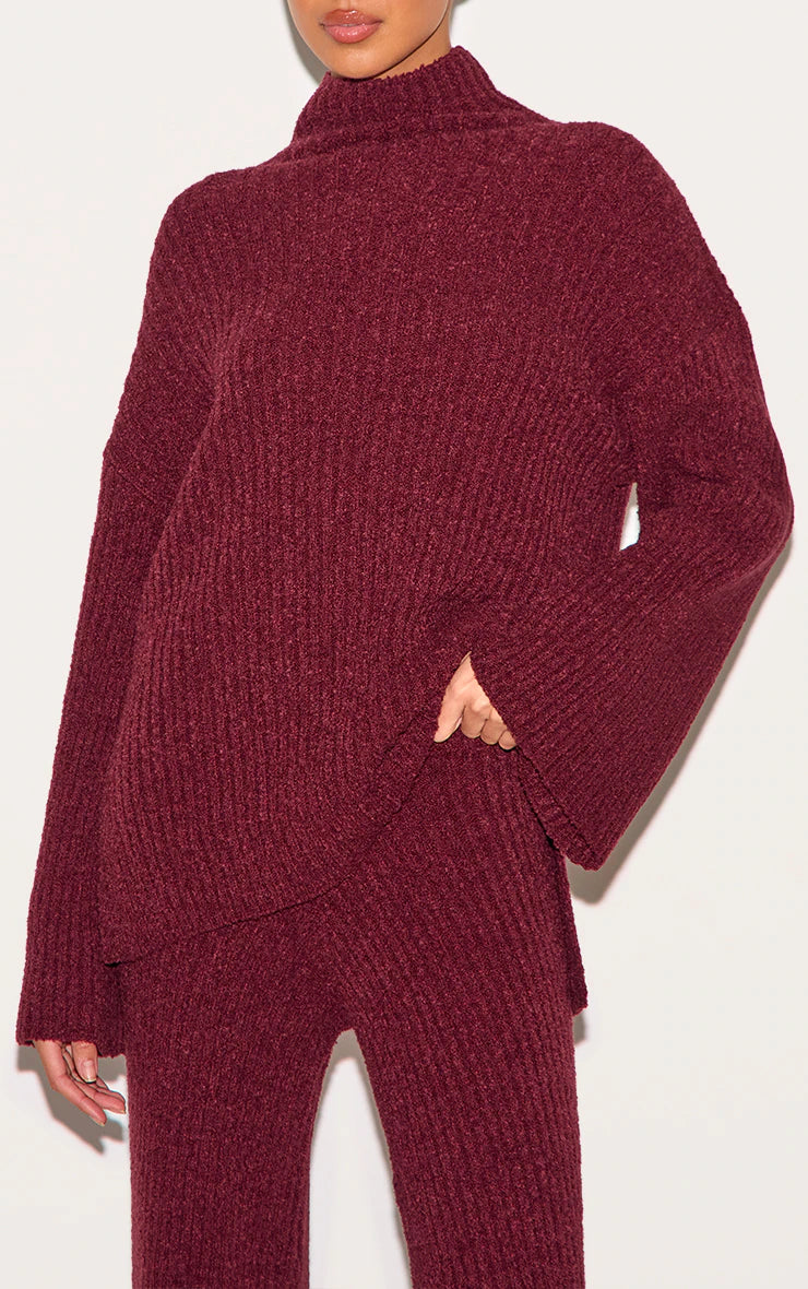 Burgundy Rib Boucle Knit Oversized Sweater