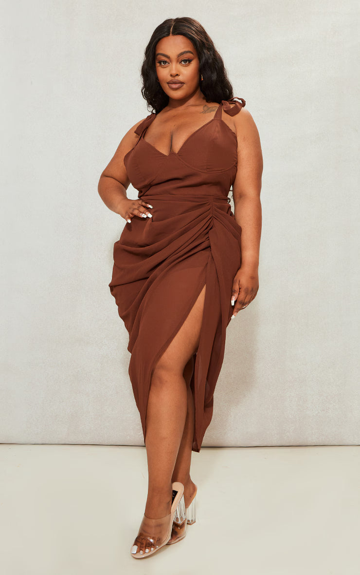 Plus Chocolate Underwire Detail Draped Midi Dress