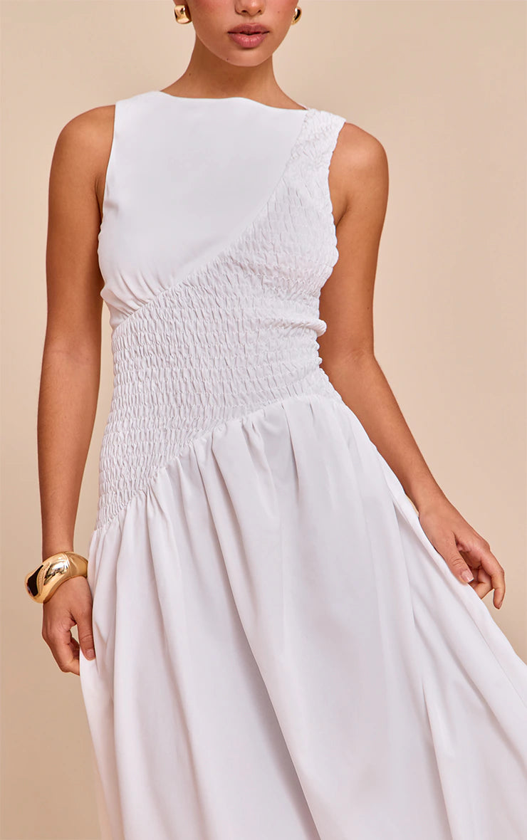 White Shirred Detail Sleeveless Maxi Dress