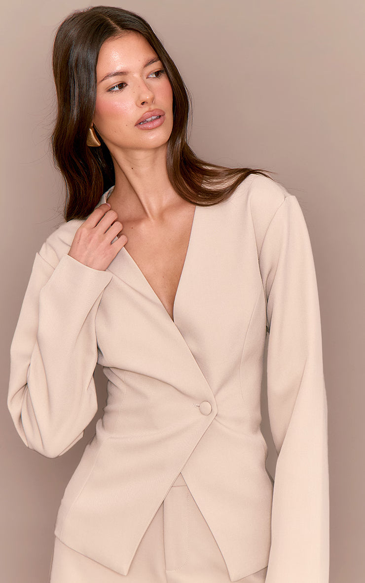 Light Grey Tailored Cinched Waist Asymmetric Blazer