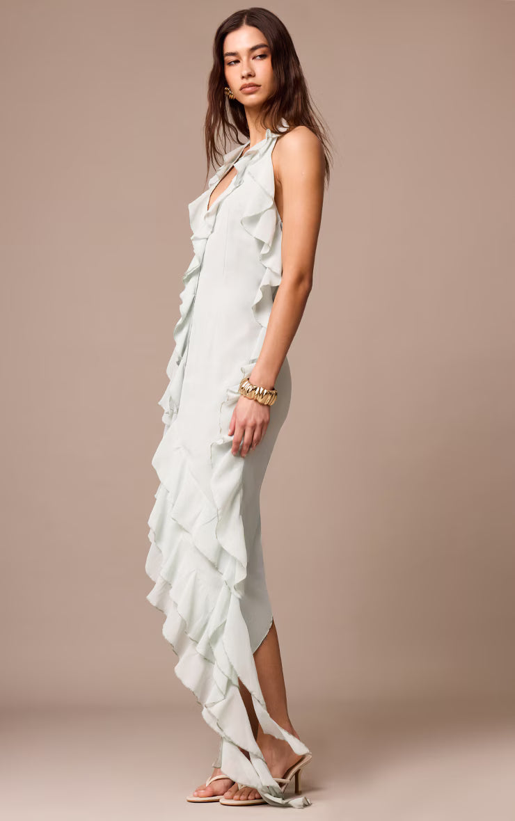 Sage Chiffon Frill Detail Plunge Midaxi Dress