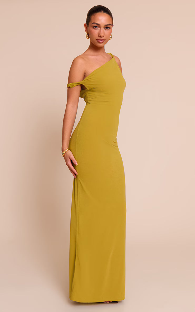 Olive Double Layered Chiffon Asymmetric Maxi Dress