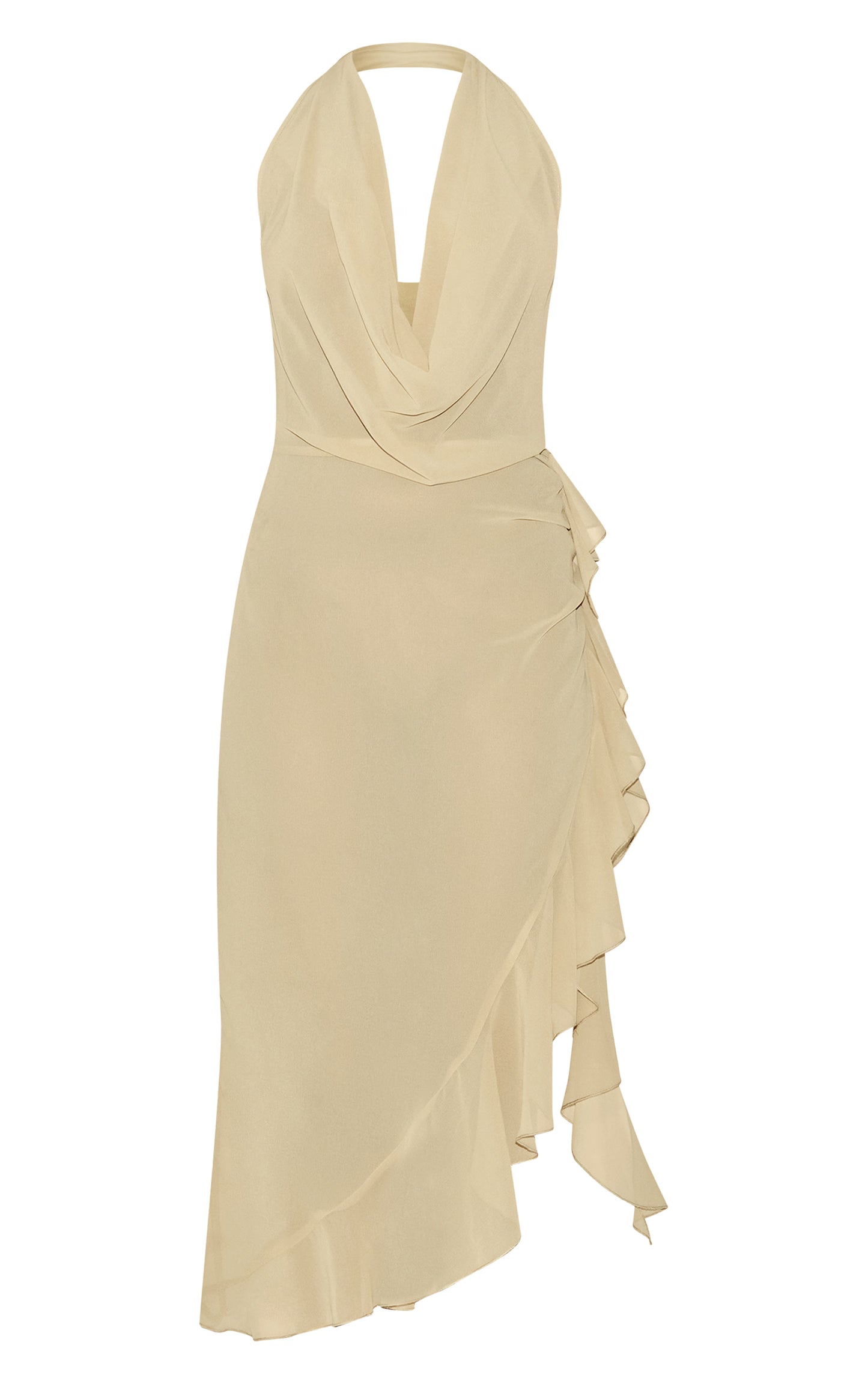 Mustard Cowl Ruffle Split Detail Midi Dress