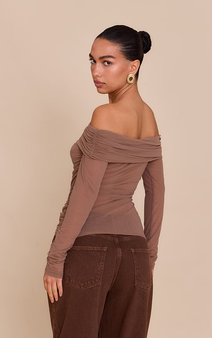Mushroom Stretch Chiffon Ruching Bardot Detail Long Sleeve Top