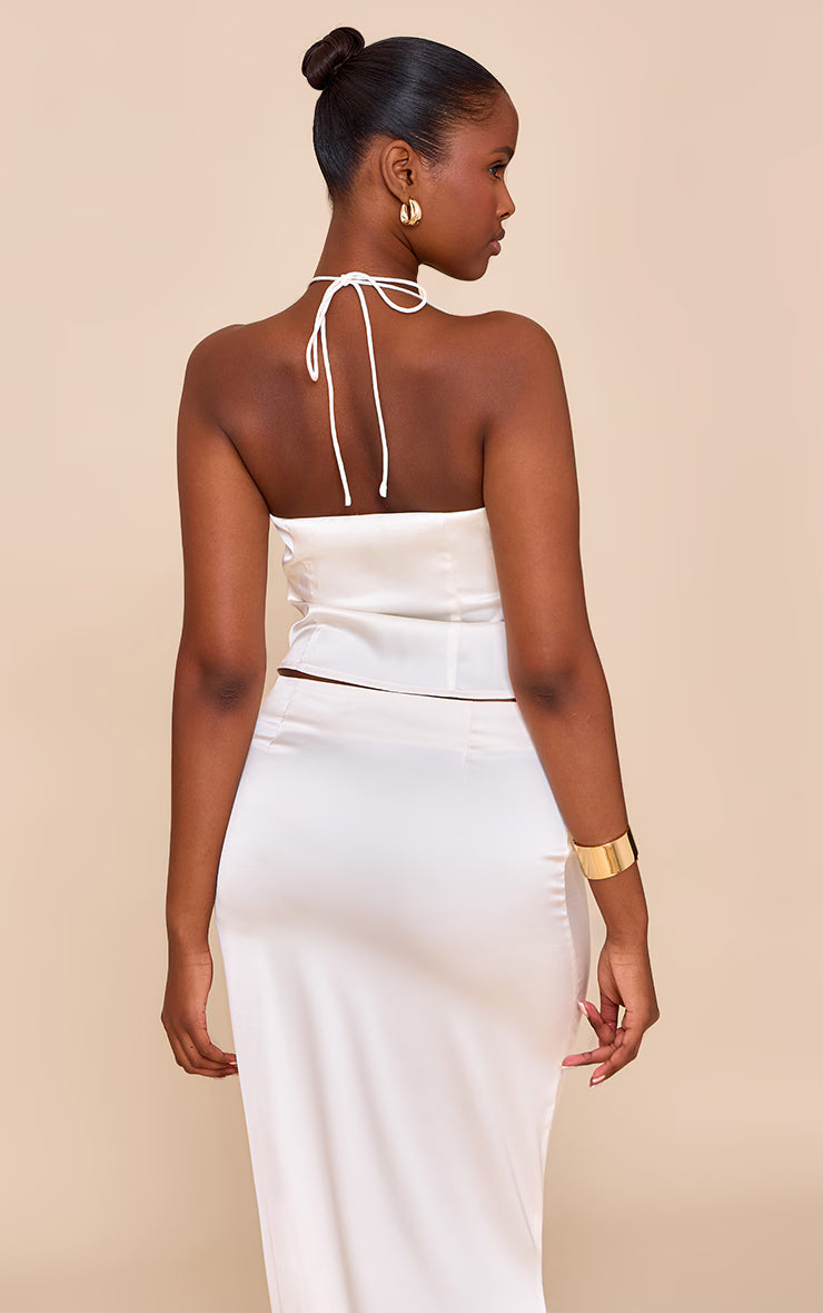 Cream Satin Halterneck Crop Top