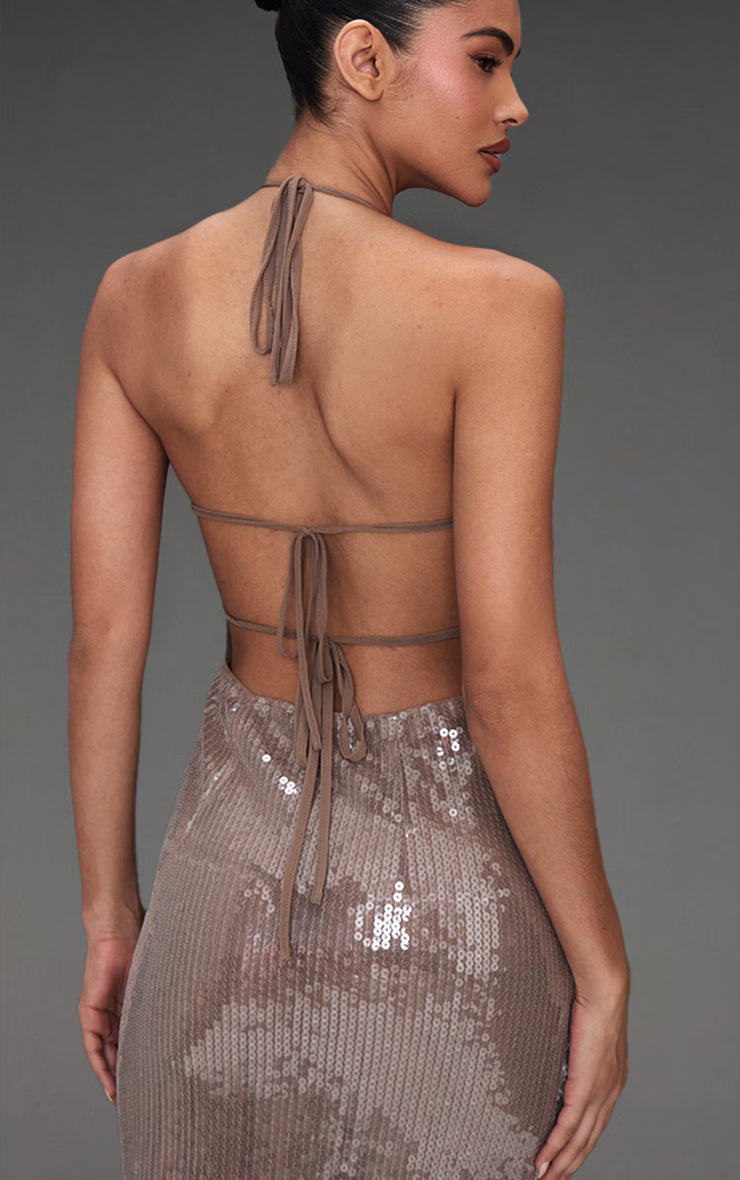 Light Nude Sequin High Neck Plunge Maxi Dress