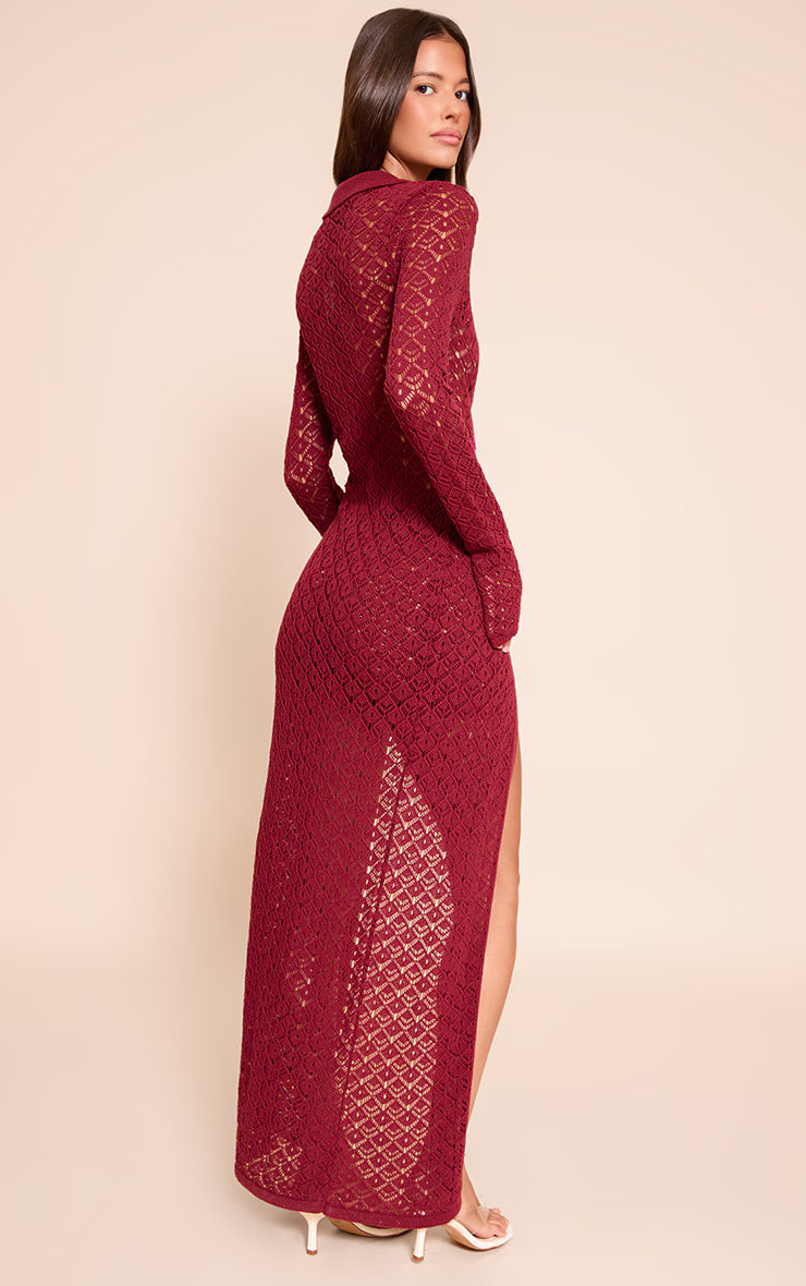 Wine Crochet Knit Maxi Cardigan