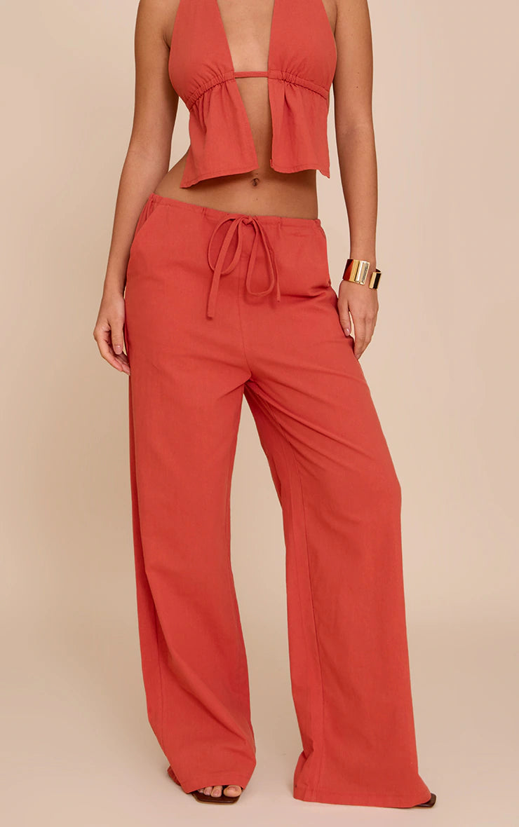 Rust Cotton Low Rise Drawstring Wide Leg Pants