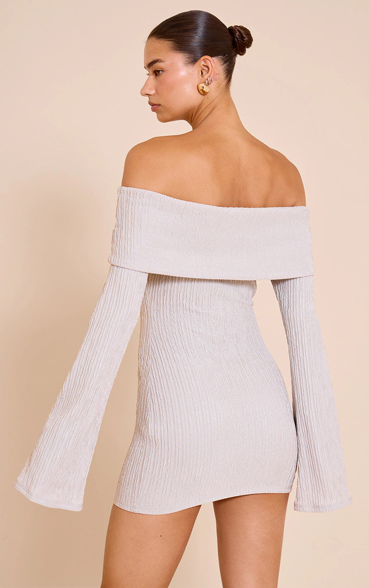 Grey Textured Bardot Long Sleeve Bodycon Dress