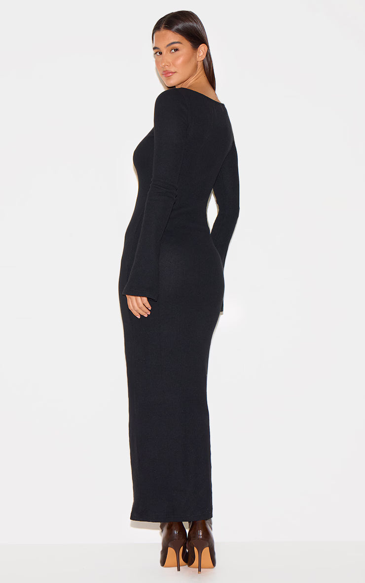 Black Heavy Brushed Rib Flared Sleeve Maxi Dress