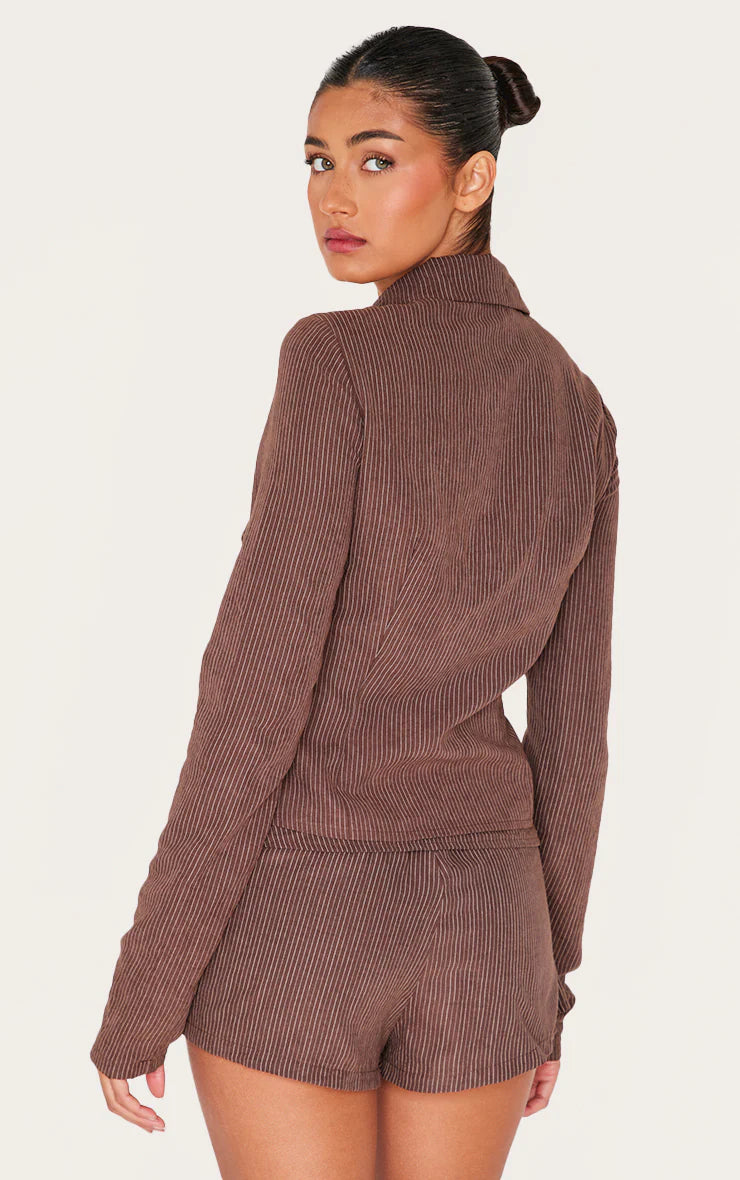Dark Brown Peach Skin Pinstripe Woven Long Sleeve Cargo Shirt