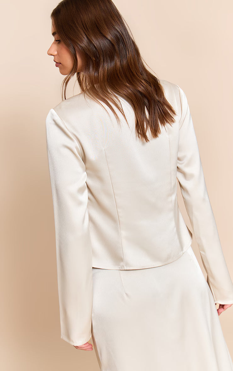 Cream Satin Plunge Button Long Sleeve Top