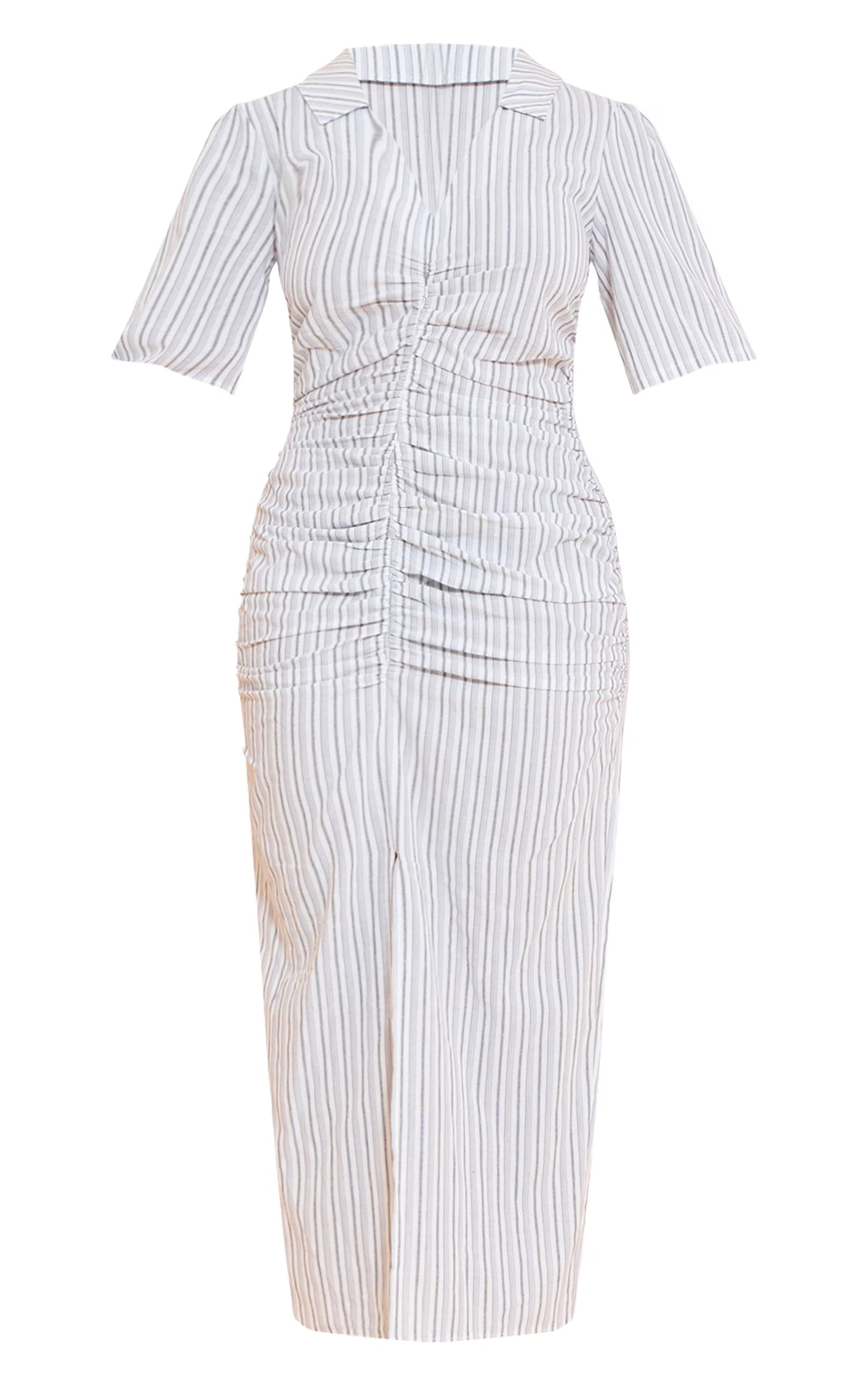 Shape white Striped Ruched Front Collared Split Front Maxi Dress