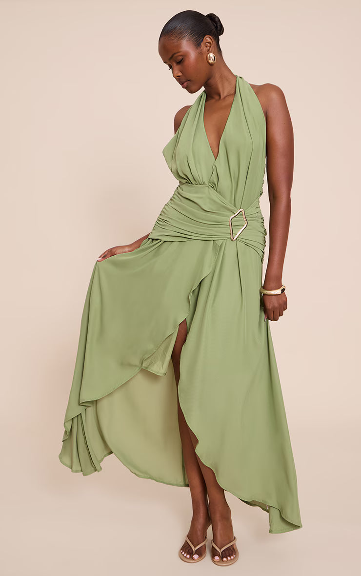 Sage Chiffon Plunge Trim Detail Maxi Dress