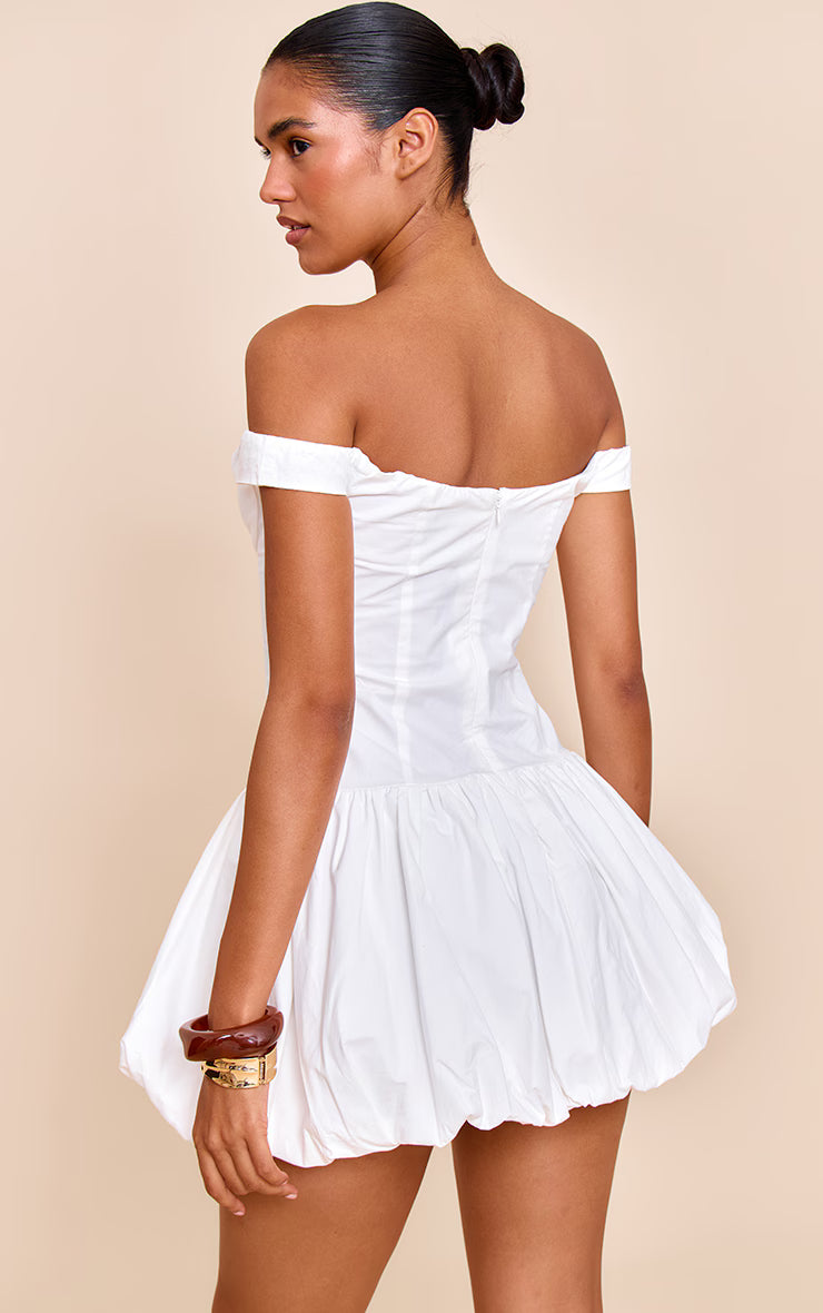 White Bardot Puffball Mini Dress