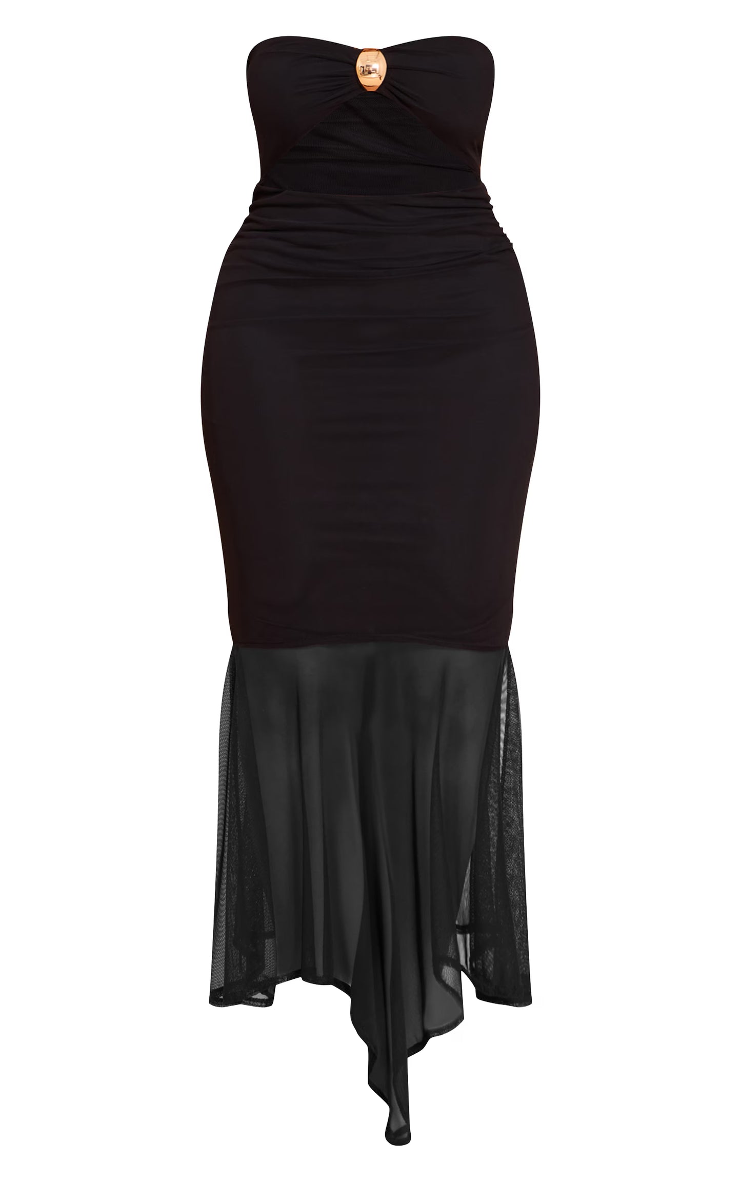 Shape Black Bandeau Mesh Gold Trim Cut Out Dropped Hem Maxi Dress