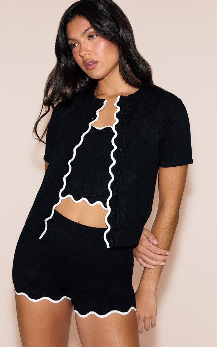 Black Contrast Soft Knit Scallop Hem Mini Short
