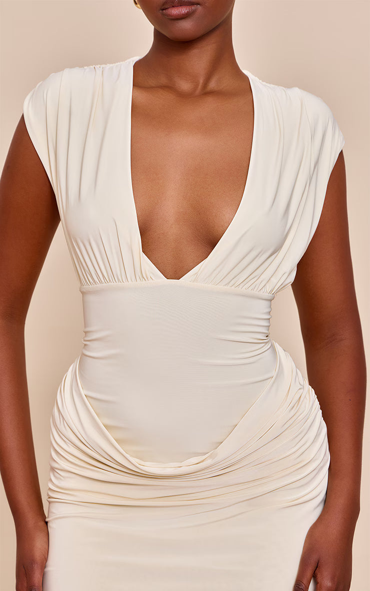 Butter Cream Soft Touch Cowl Drape Mini Dress