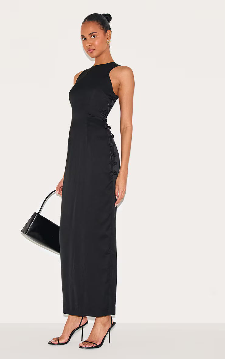 Black Woven Racer Button Detail Midaxi Dress